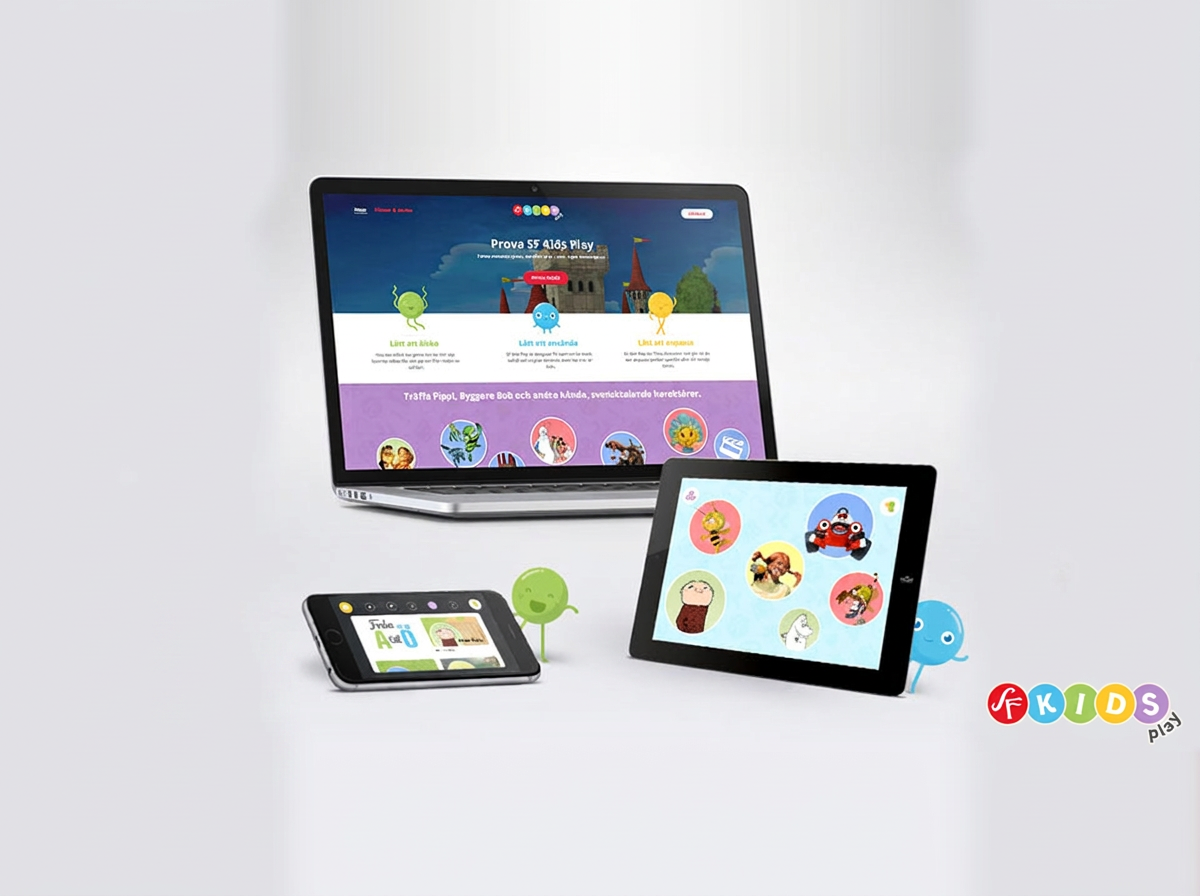 SF Kids Play shown on a laptop, tablet and phone, with the service's logo and children's characters