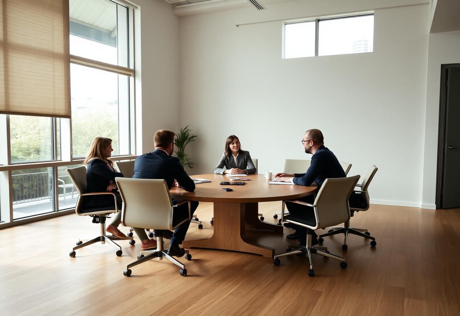 Leadership team in strategic discussion around a wooden boardroom table