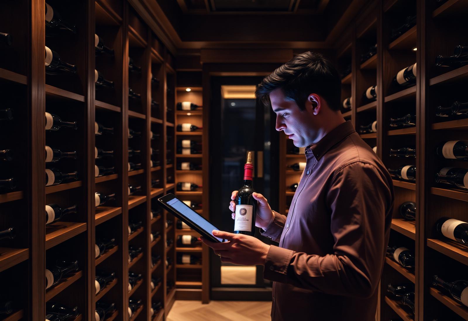 Sommelier reviewing wine bottle with tablet in an elegant private cellar