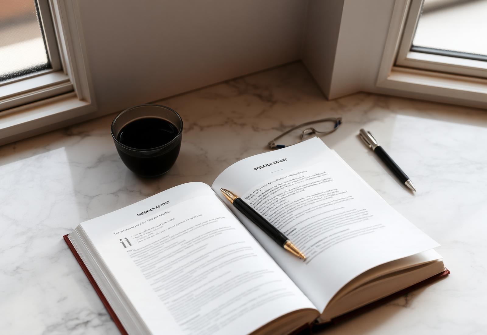 Open research report on a marble desk in natural light
